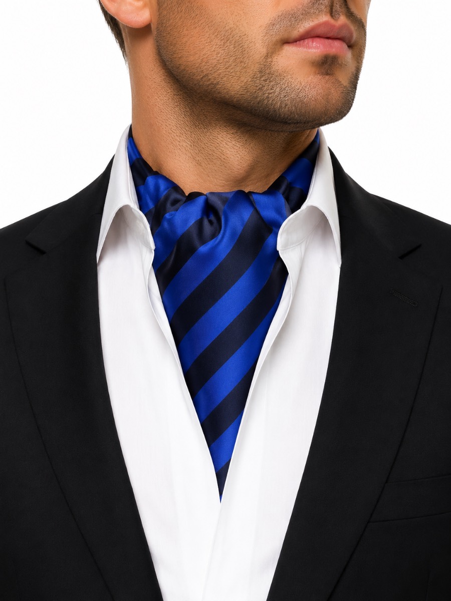 Premier Men’s Navy & Royal Blue Striped Satin Cravat Ascot Tie Scarf PR736 New