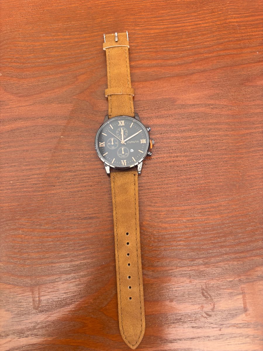 Geneva Men’s Black Analogue Wrist Watch Brown Faux Leather Strap Roman Numerals Quartz