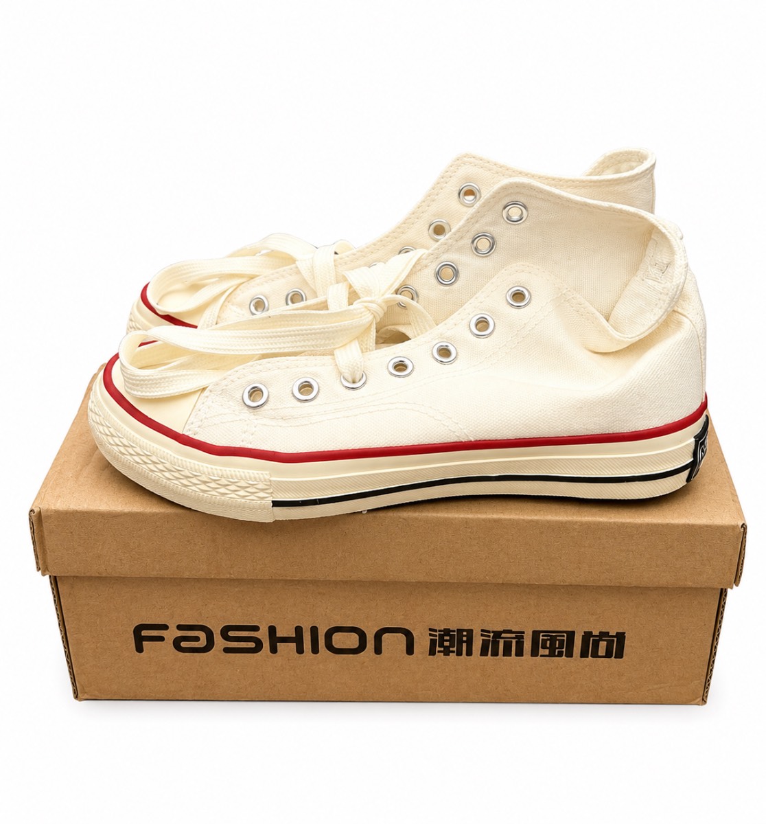 White High Top Canvas Trainers UK 3 EU 35 Red Trim Lace-Up Casual Shoes