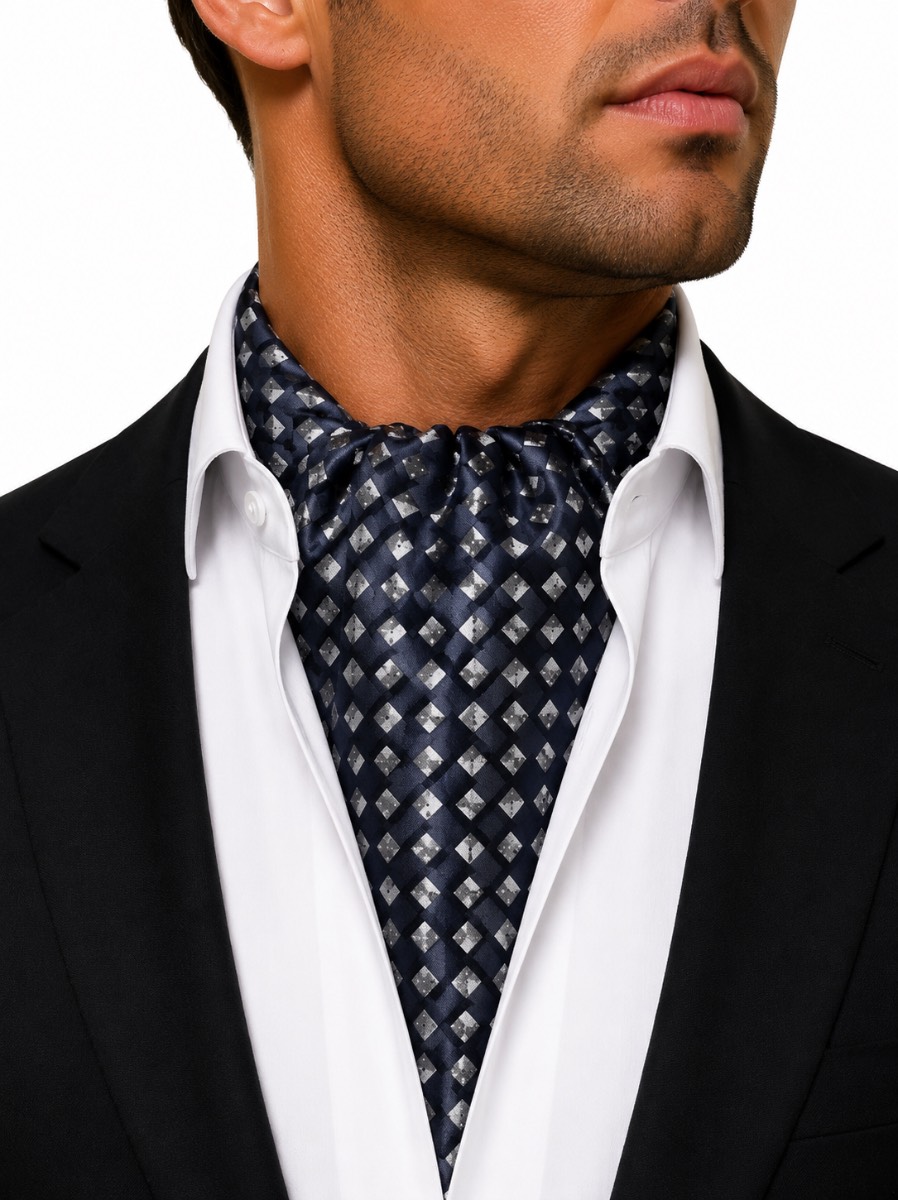 Premier Men’s Navy & Silver Dice Check Satin Cravat Ascot Scarf PR731 One Size New