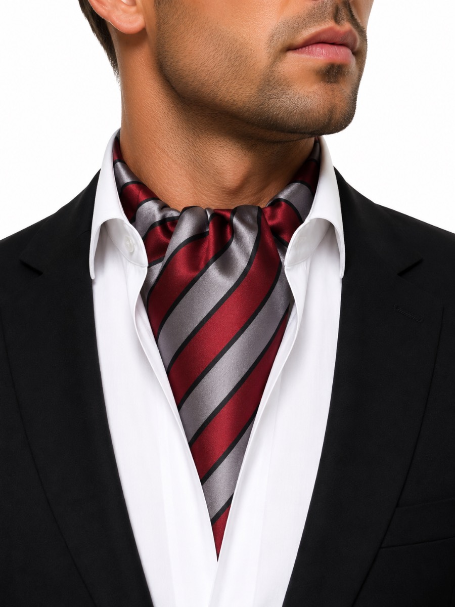 Premier Men’s Crimson & Silver Striped Satin Cravat Ascot Scarf PR736 One Size New