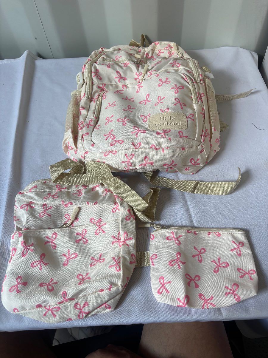 Hello Weekend Kids Backpack Set 3 Piece Pink Bow School Rucksack Lunch Bag Pencil Case