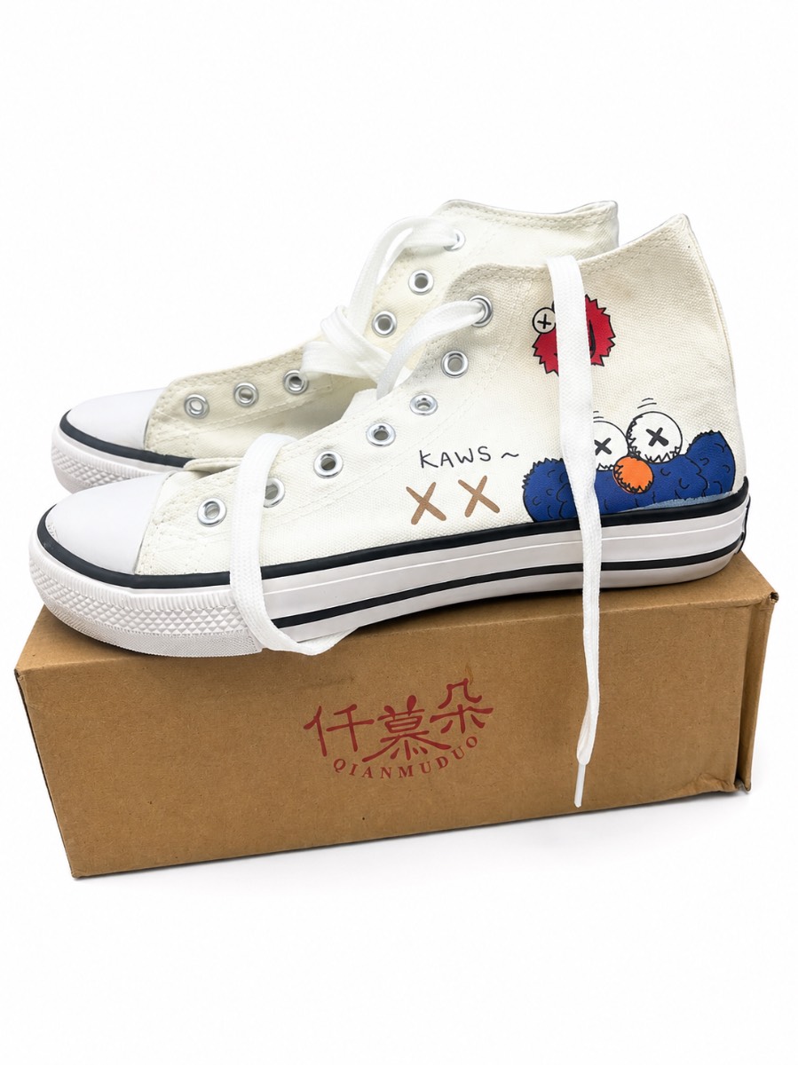 Women’s White Canvas High Top Trainers KAWS Style Print Lace Up Shoes EU 40 New