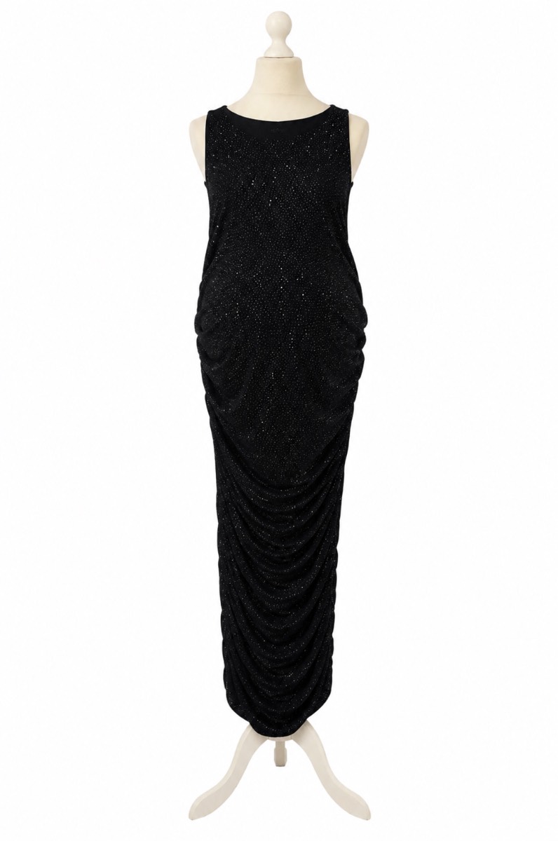 Boohoo Maternity Black Glitter Mesh Ruched Maxi Dress Size 16 New With Tags
