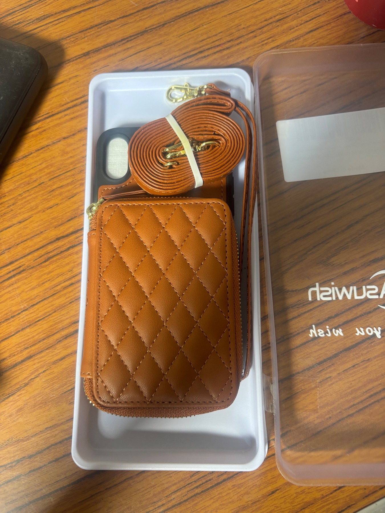 Asuwish iPhone XS Max Brown Quilted Wallet Case Crossbody Strap Purse New
