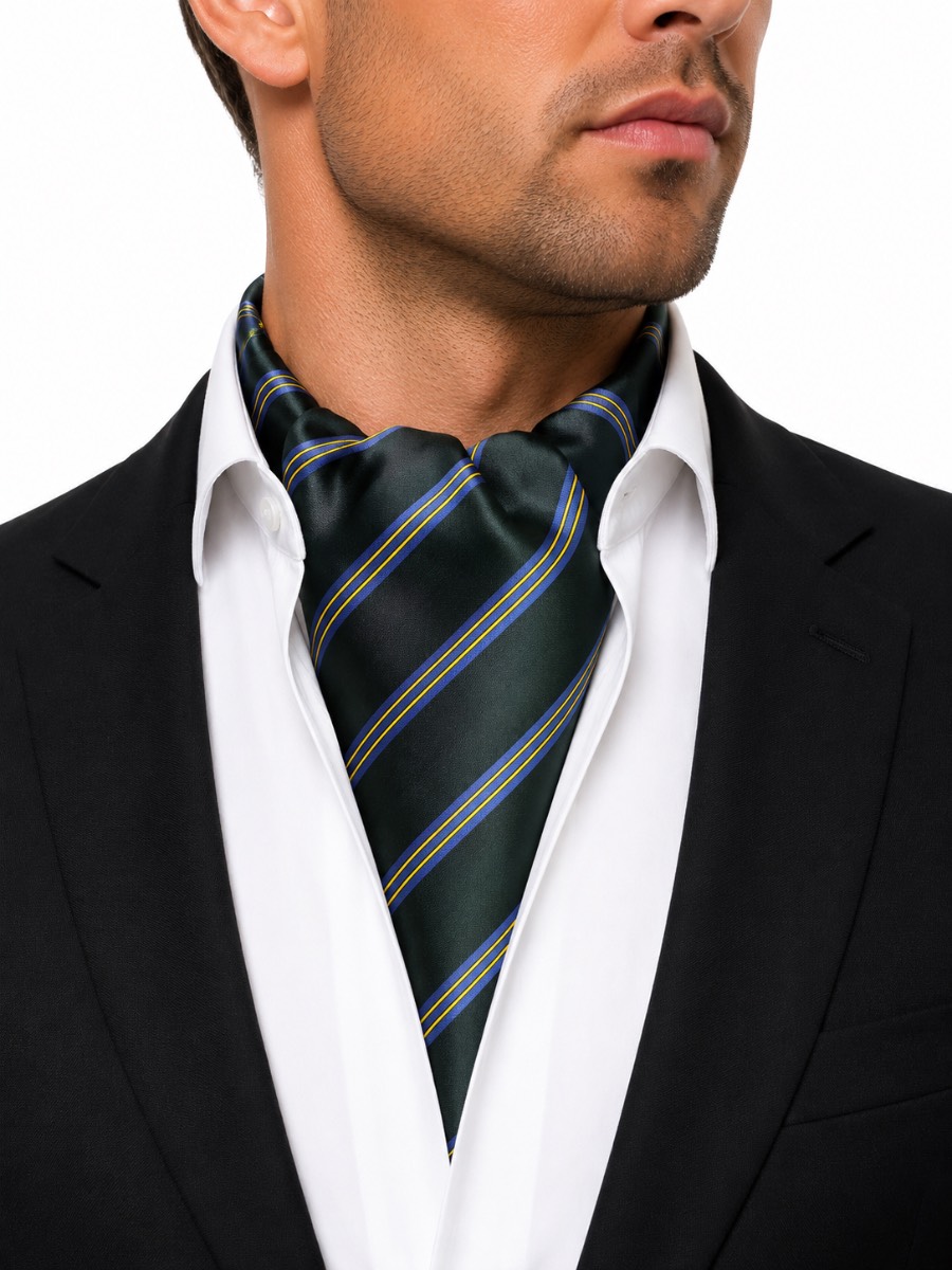 Premier Men’s Bottle Green & Royal Blue Striped Satin Cravat Ascot Scarf PR734 One Size New
