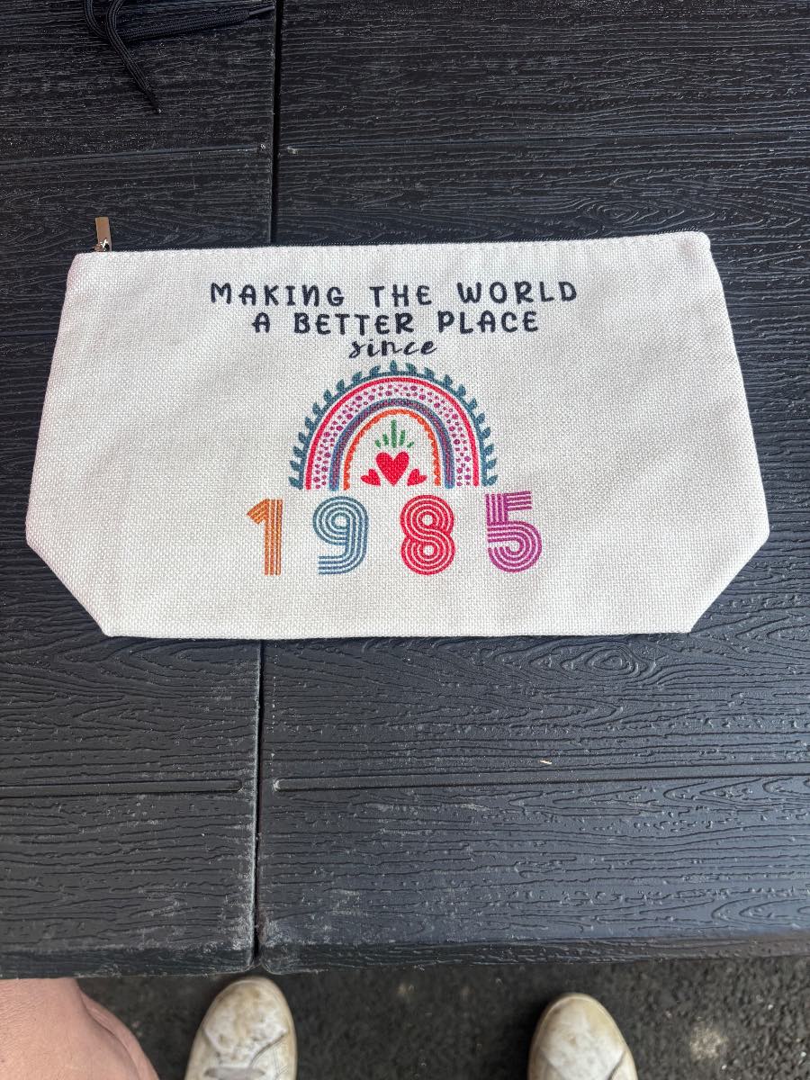Canvas Makeup Cosmetic Toiletry Bag Zip Pouch 1985 Rainbow Print Beige Travel Case