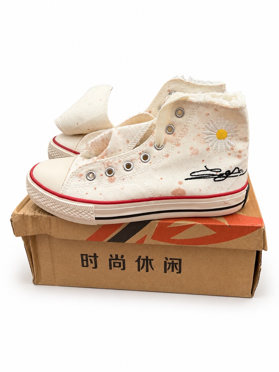 Women’s Cream Faux Fur Lined High Top Canvas Trainers Daisy Design Size 36 UK 3
