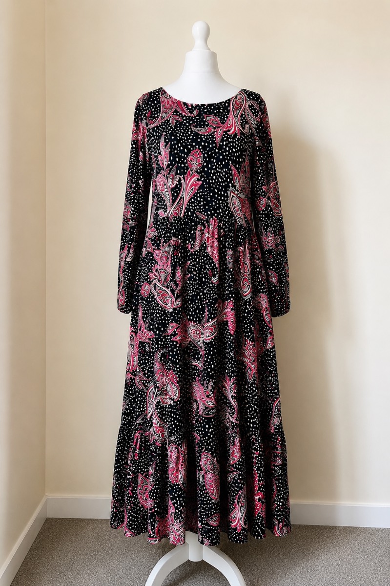 Wallis Black Pink Paisley Midi Dress UK 14 Long Sleeve Stretch Casual Smart Dress