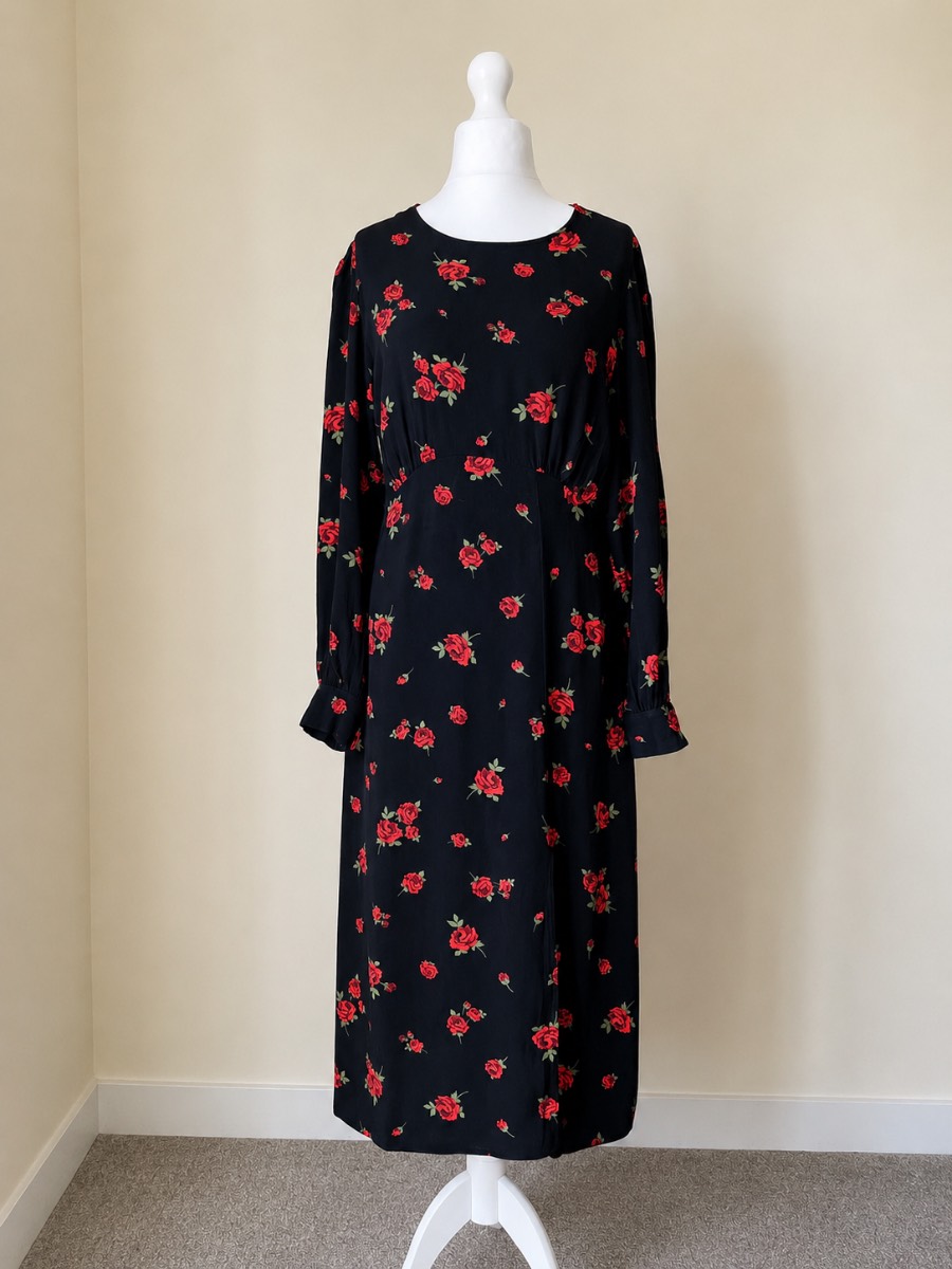 New Look Black Red Rose Floral Midi Dress UK 16 Long Sleeve 100% Viscose Slit