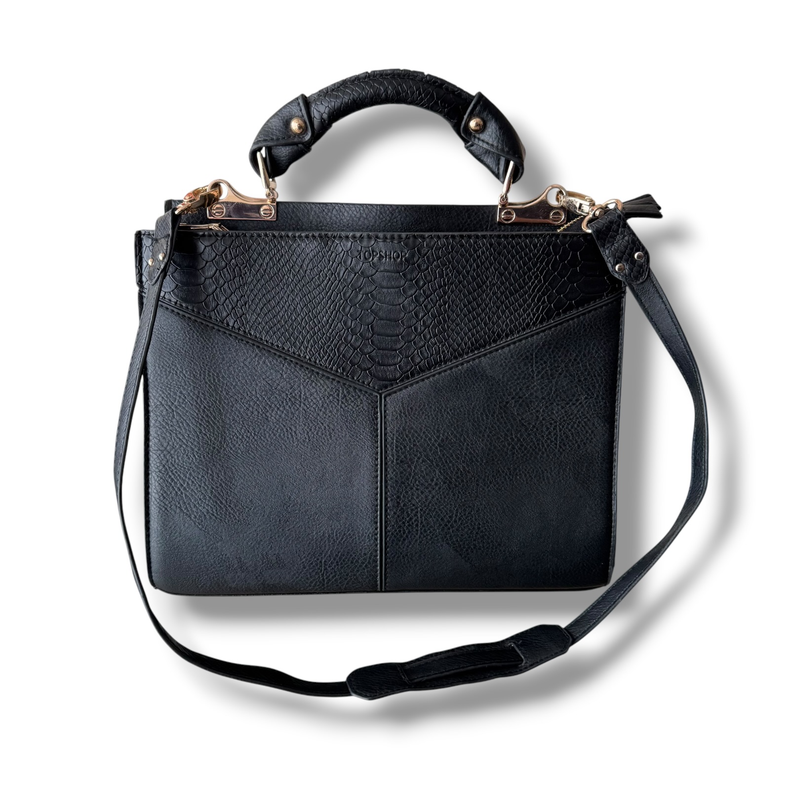Topshop Black Faux Leather Snake Print Structured Handbag Shoulder Bag Gold Hardware