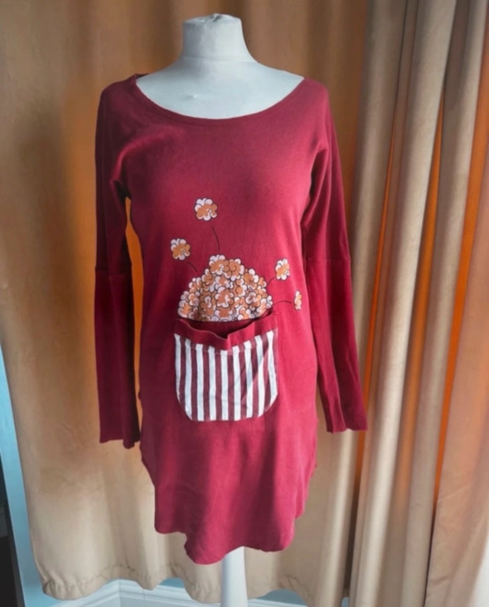 Tezenis Burgundy Long Sleeve Cotton Nightie Size S fits 8/10