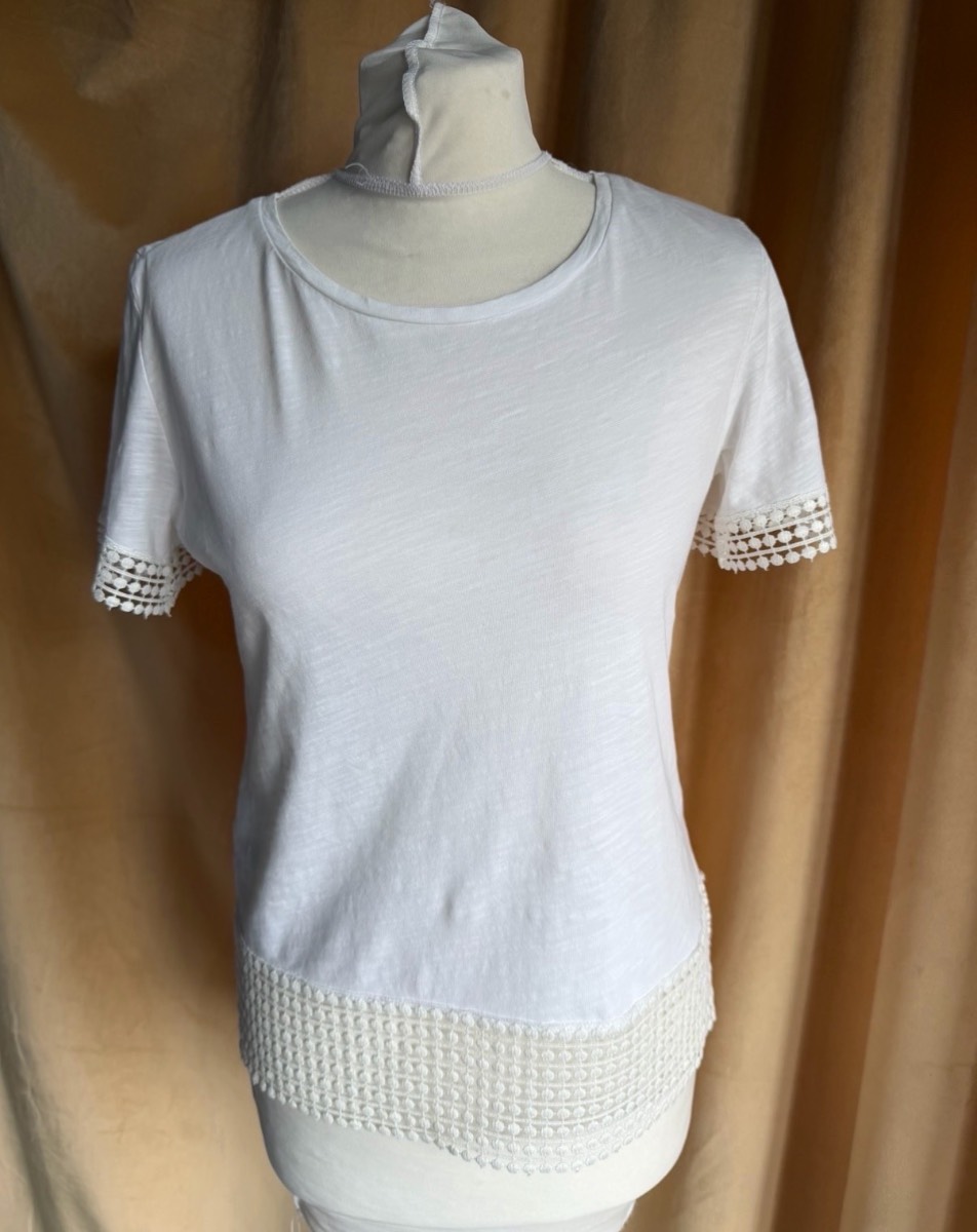 Promod 100% Cotton Summer White Embroidered Trim Short Top T-Shirt size S fits 8/10