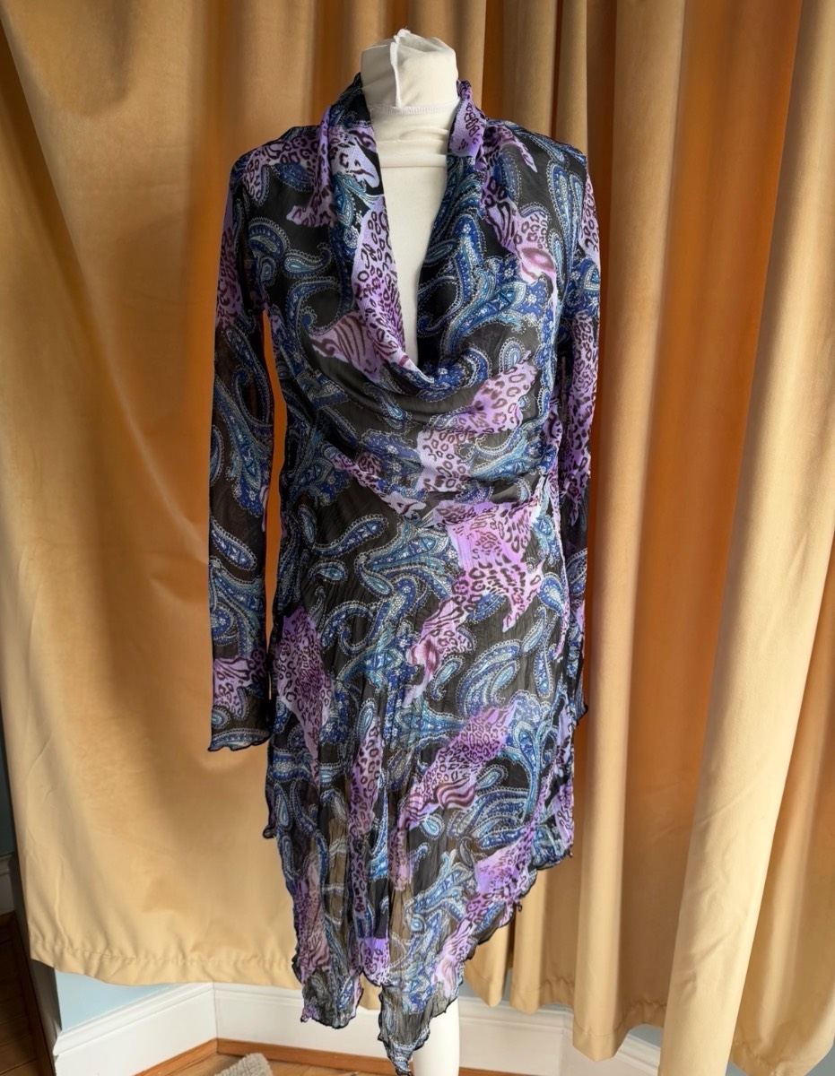 Bent Sheer Summer paisley print draped dress/tunic – purple & blue size 42 fits 8/10