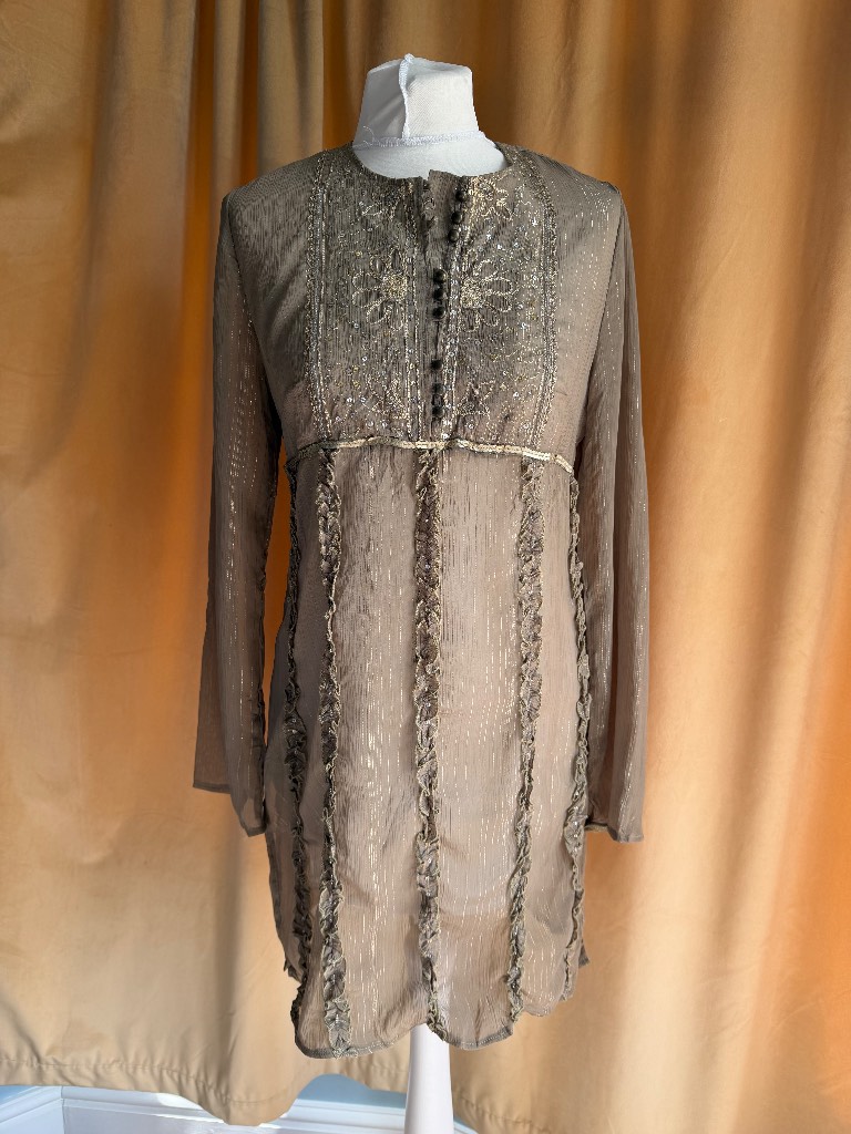 Alvina Summer Sheer Khaki Gold Embroidered and Sequins Tunic Long Sleeve Top fits 8/10