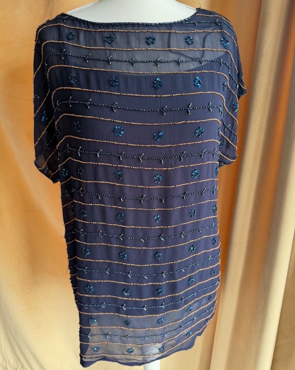Monsoon Navy Summer Evening Short Sleeve Top Embellished with beads and sequins S / 8