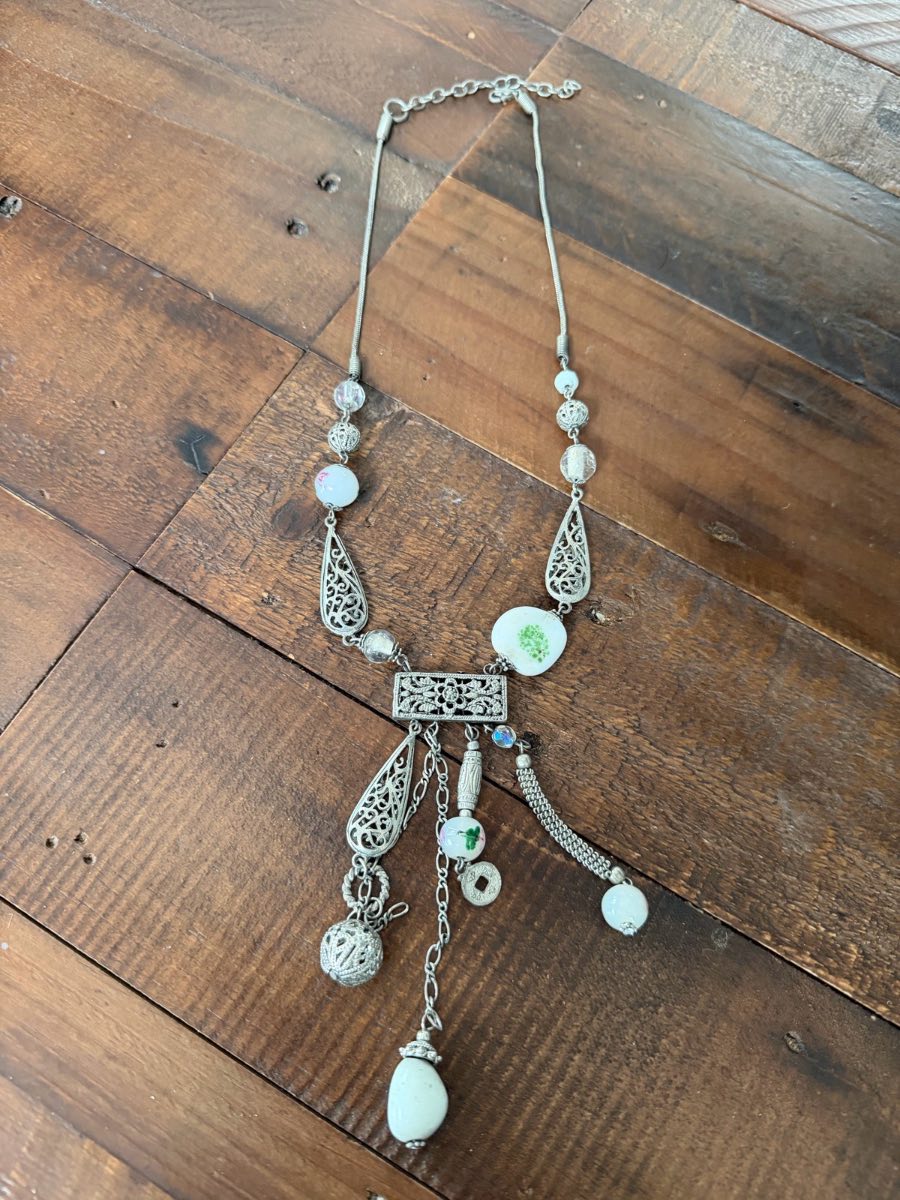 Vintage-Style Silver Tone Boho Statement Necklace with Beads & Charms