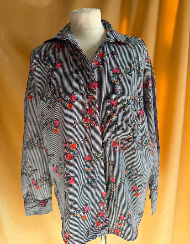 Zara Long Sleeve Shirt Navy Stripes Floral Print Spring Summer 100% Cotton size S / 8 /10