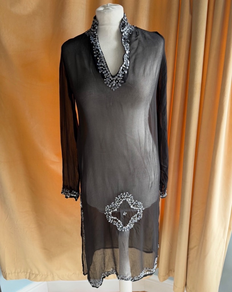 Petit Black Sheer Black Tunic / Dress with Beaded Sequins 100% Viscose fits size 8