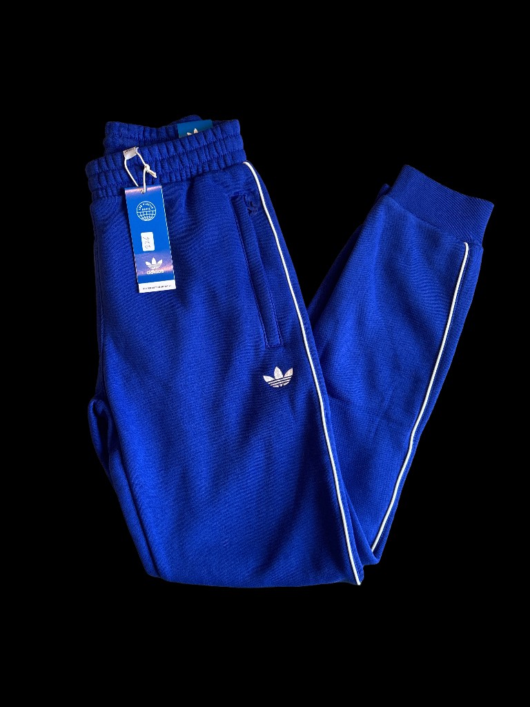 Adidas blue track pants/joggers cuffed with white detailing uk size xs