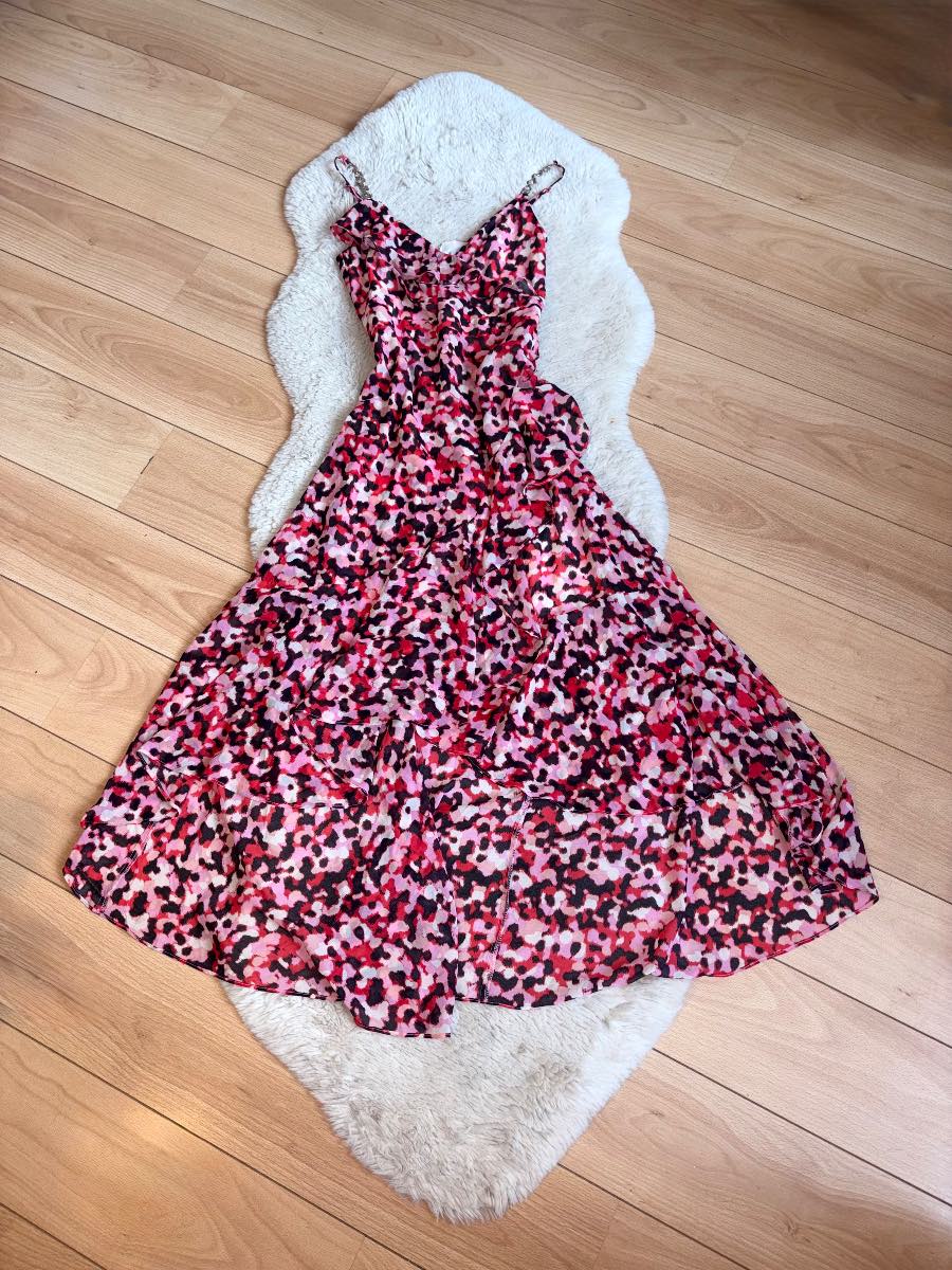 Morgan de Toi Pink Leopard Print Ruffle V-Neck Wedding Guest Occasion Maxi Dress Size EU 34/UK 6