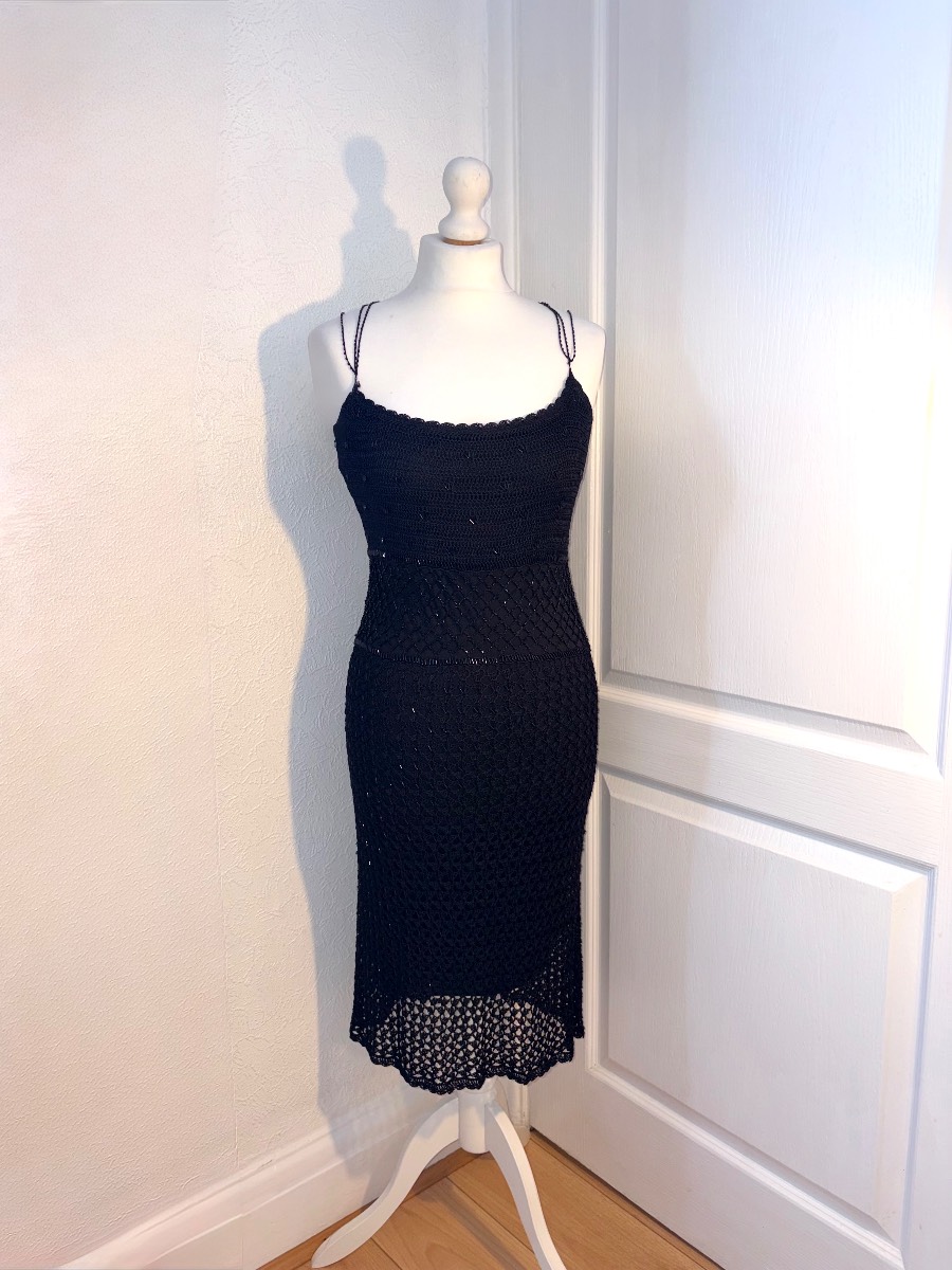 Y2K Vintage Lipsy Black Embellished/Beaded Crochet Occasion Midi Dress Size 8/10