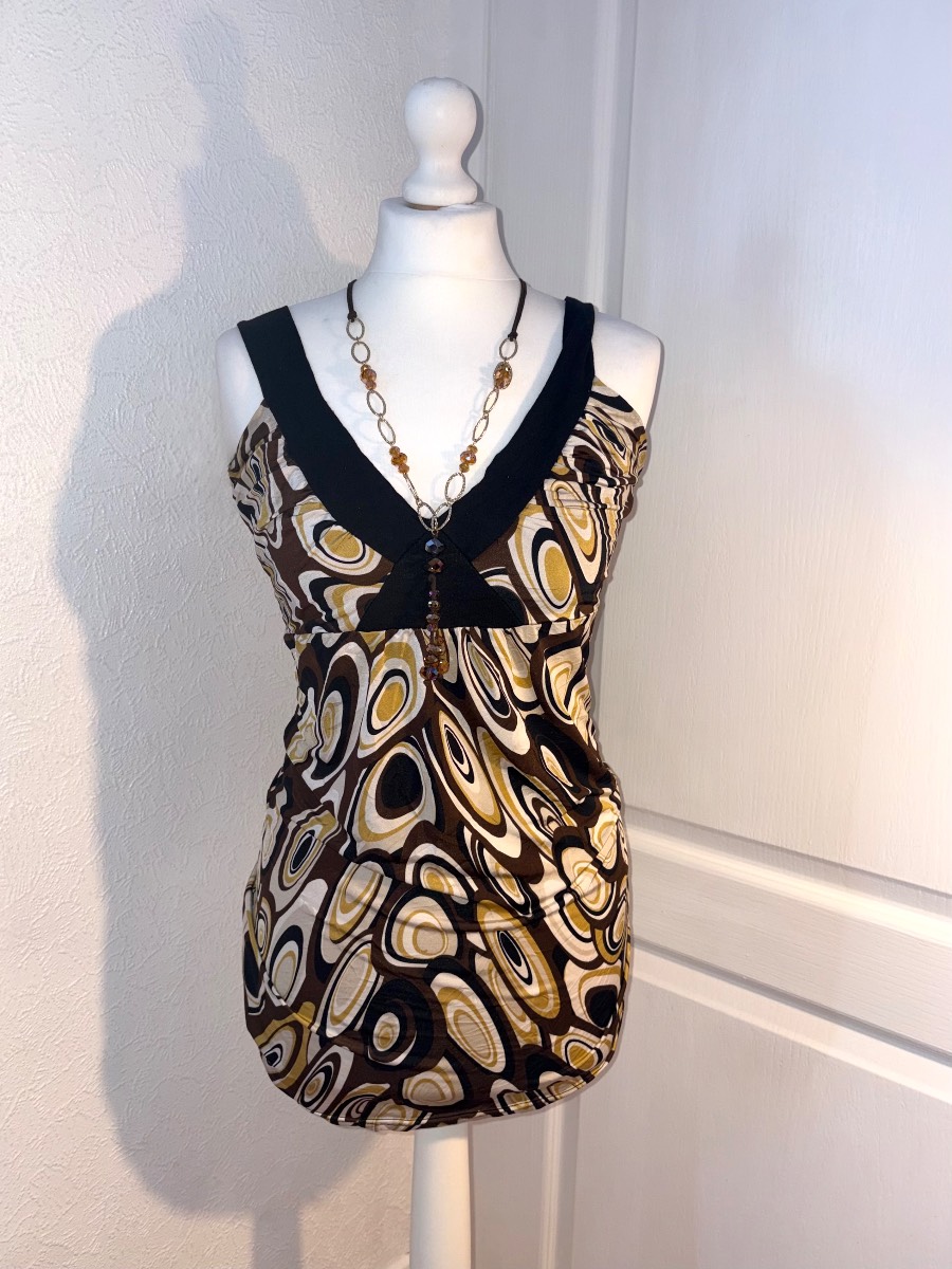 Y2K Vintage Jane Norman Brown Boho Abstract Print Sleeveless Tunic V-Neck Top Size 8/10