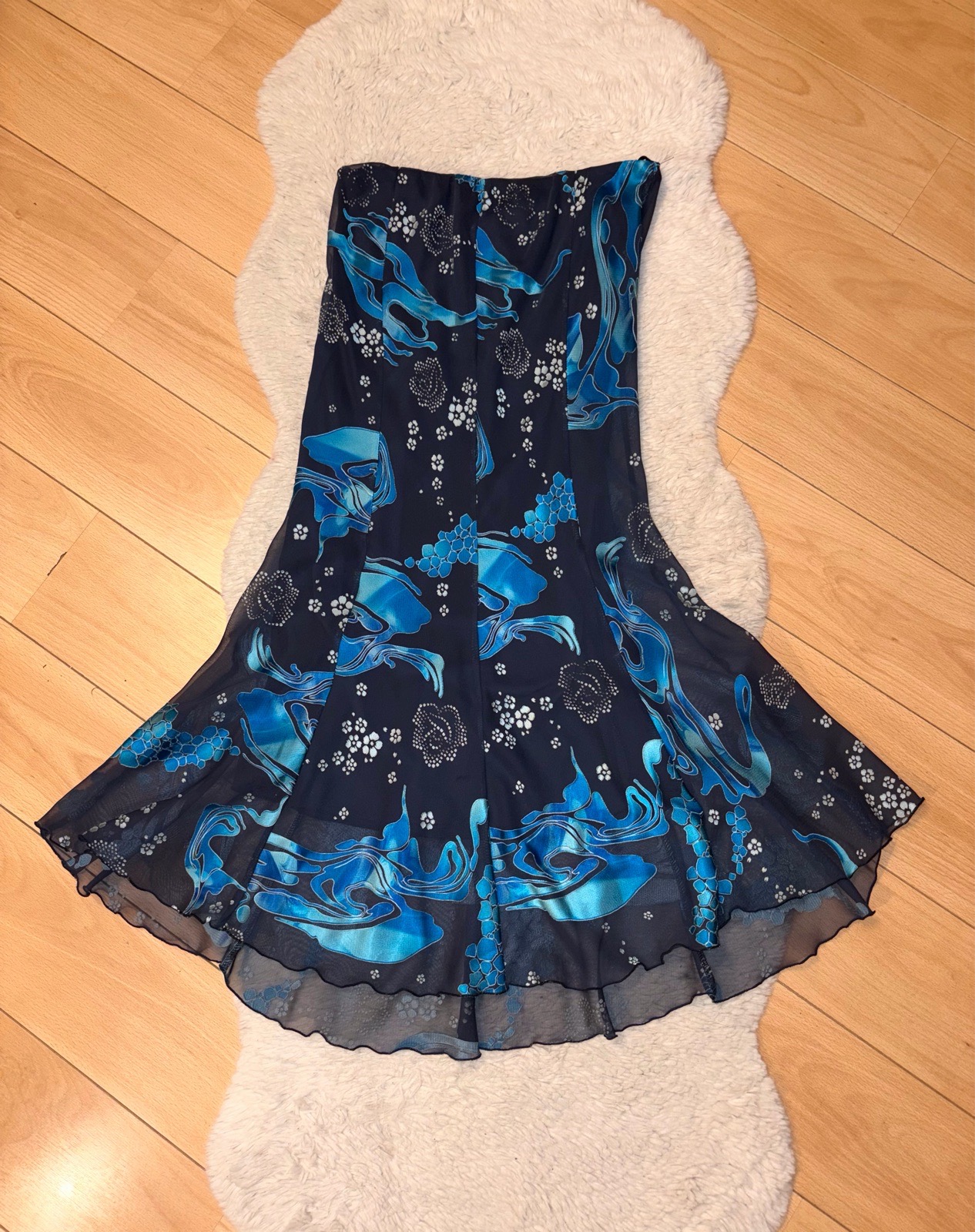 Y2K Cruz Essentials Blue Turquoise Abstract Floral Print Mermaid Midi Skirt Size 16
