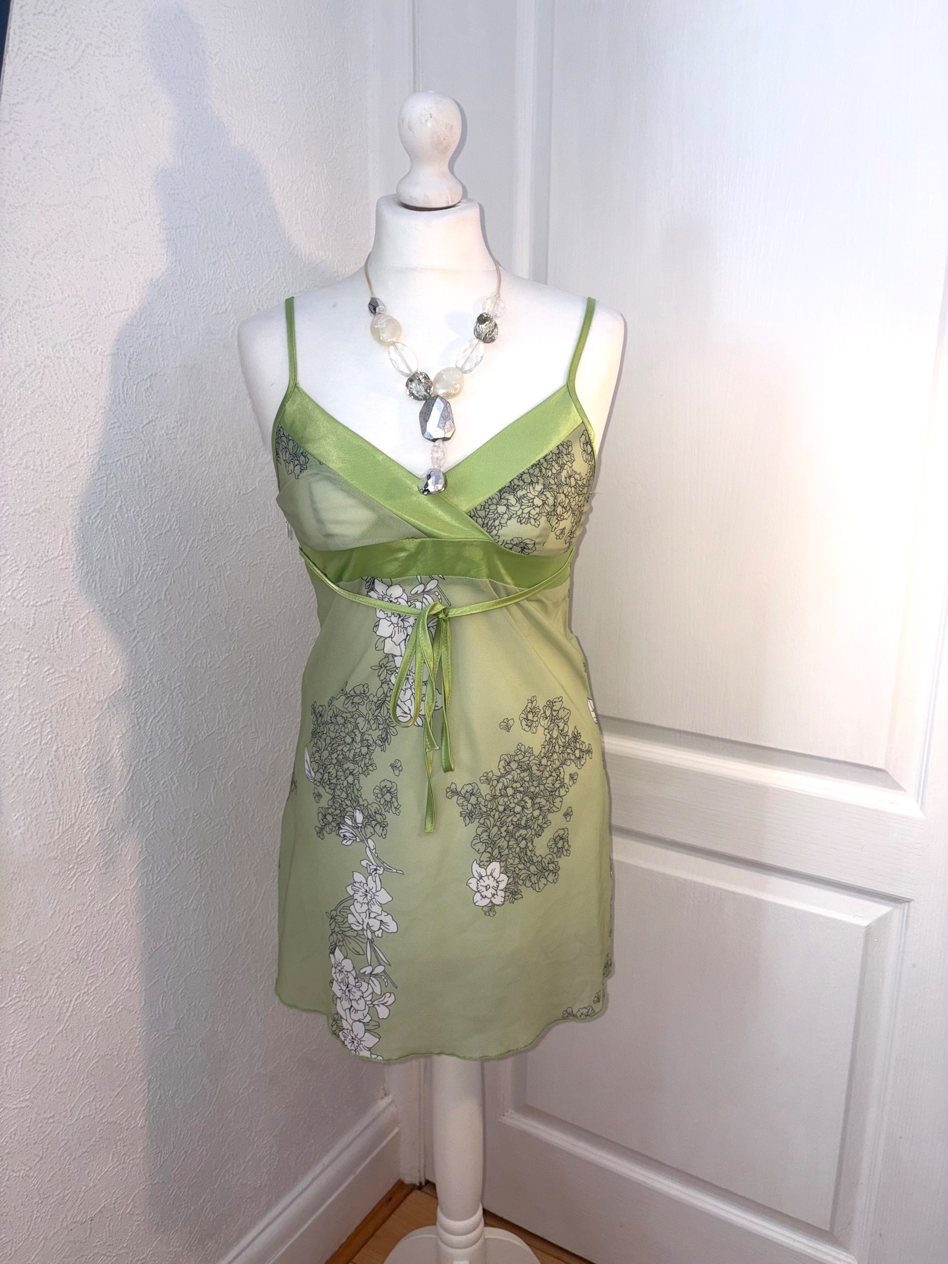 Y2K Style Green Mesh Fairycore Floral Satin Tie Mini Cami Dress Size S
