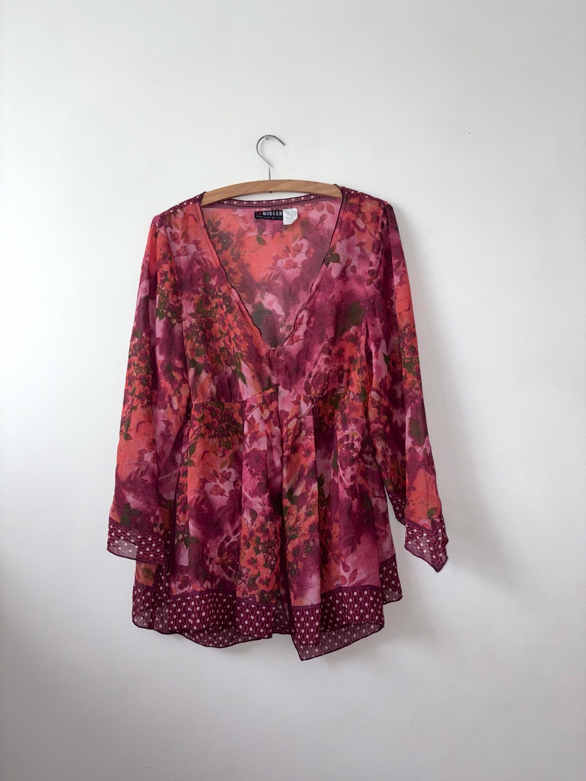Y2K Vintage Morgan de Toi Pink Floral Polka Dot Fairycore Sheer Tunic Top Size 18