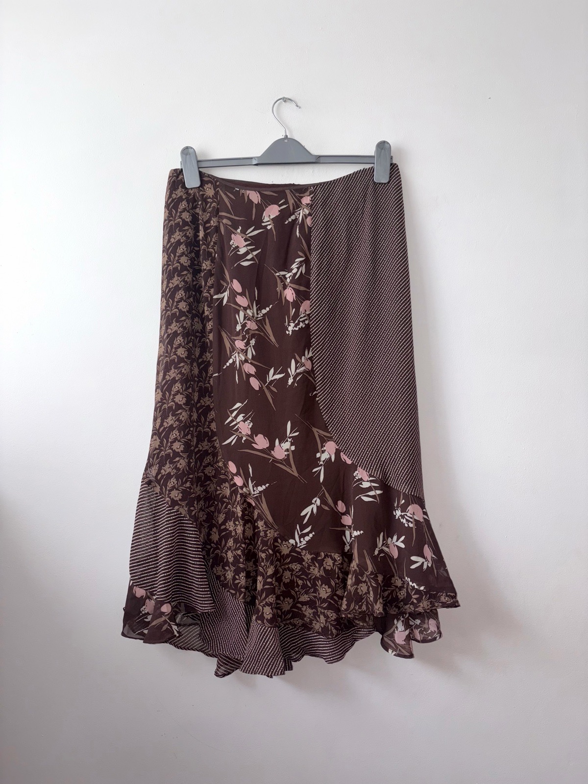Y2K Old Label George Brown Floral Patchwork Boho Asymmetric Ruffle Midi Skirt Size 12