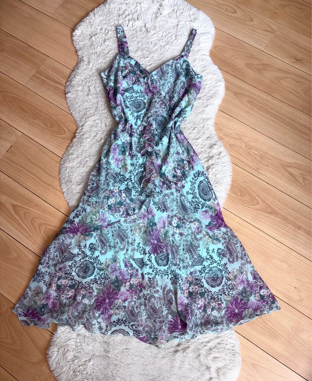 Y2K Autonomy Turquoise and Purple Floral Paisley Print Fairycore Ruffle Midi Dress Size 14