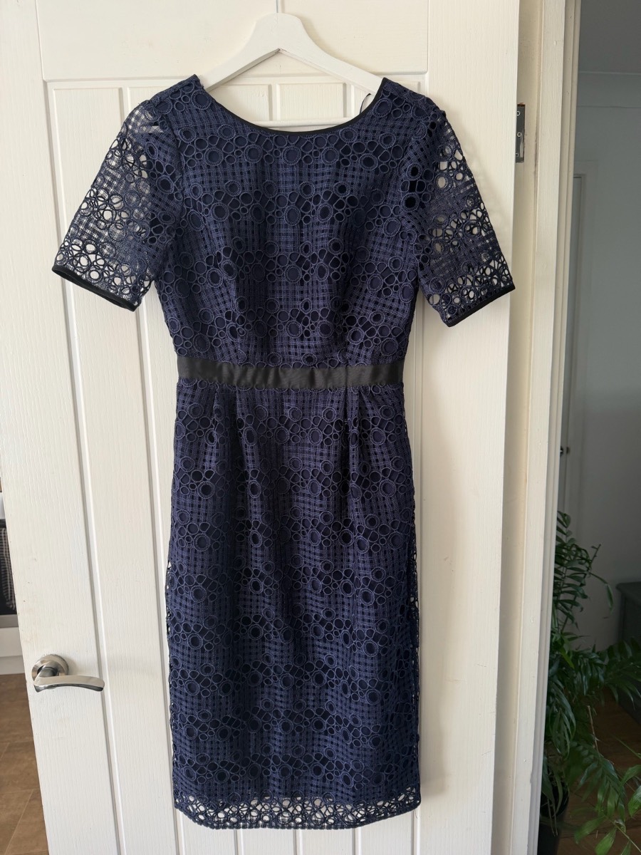 Oliver Bonas Navy Crochet Style Midi Occasion Dress size 8