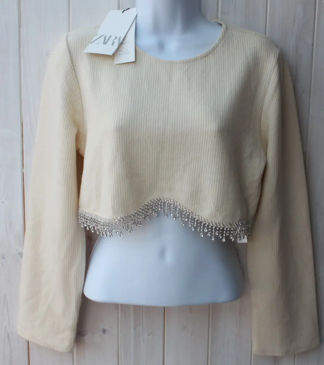 Zara Cream Diamante Cropped Long Sleeved Jumper