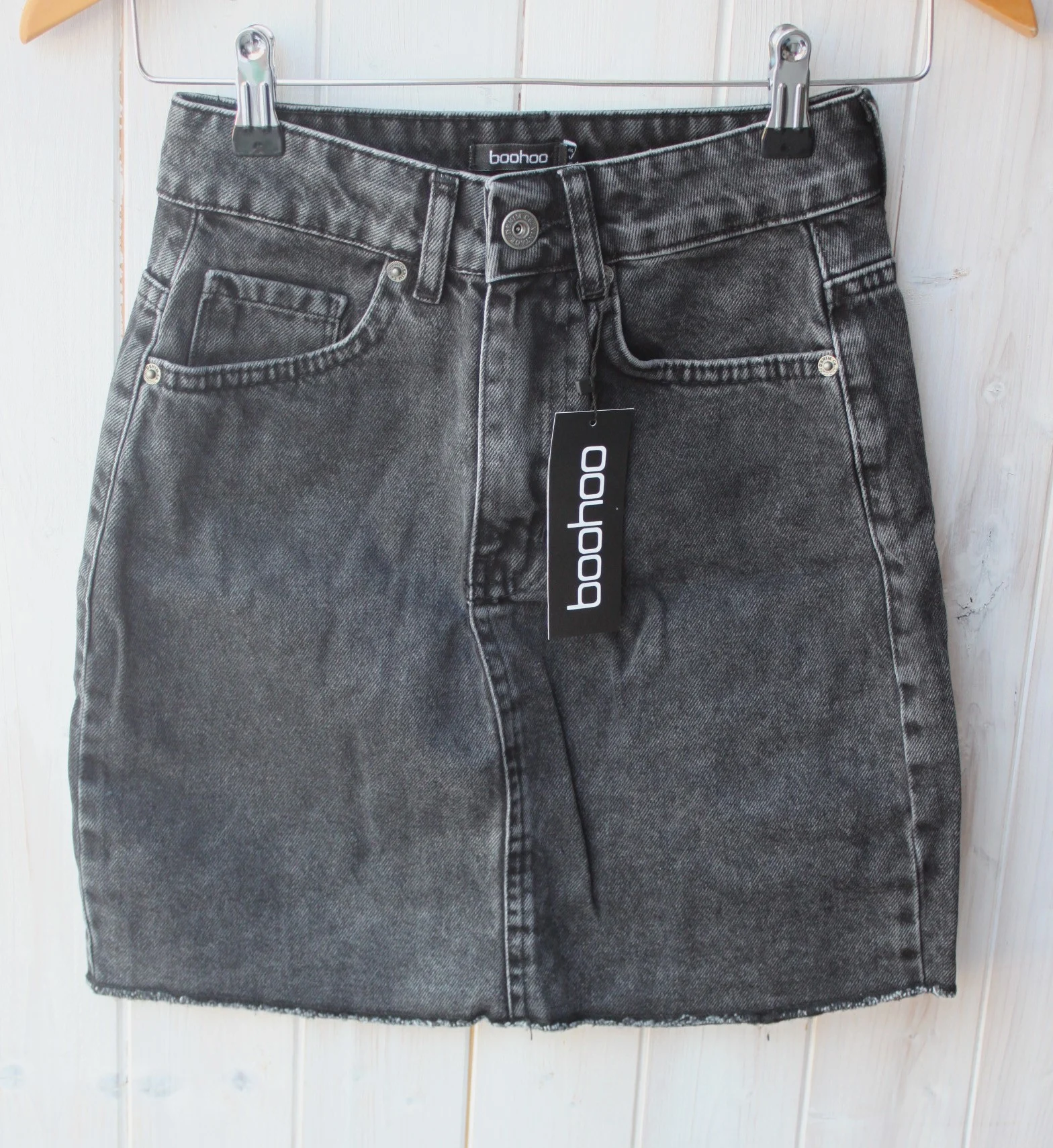 Boohoo Black Raw Hem Denim Skirt