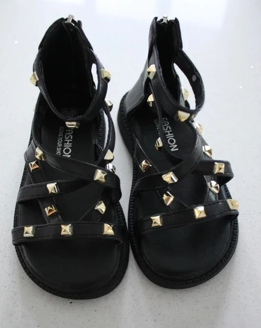 Girls Gladiator Style Black & Gold Sandals
