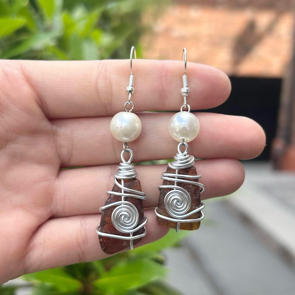 Handmade Brown long Sea Glass Earrings