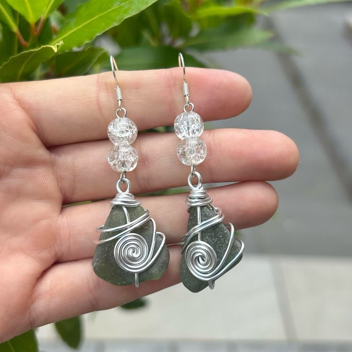 Handmade Long Green Dangle Sea Glass Earrings
