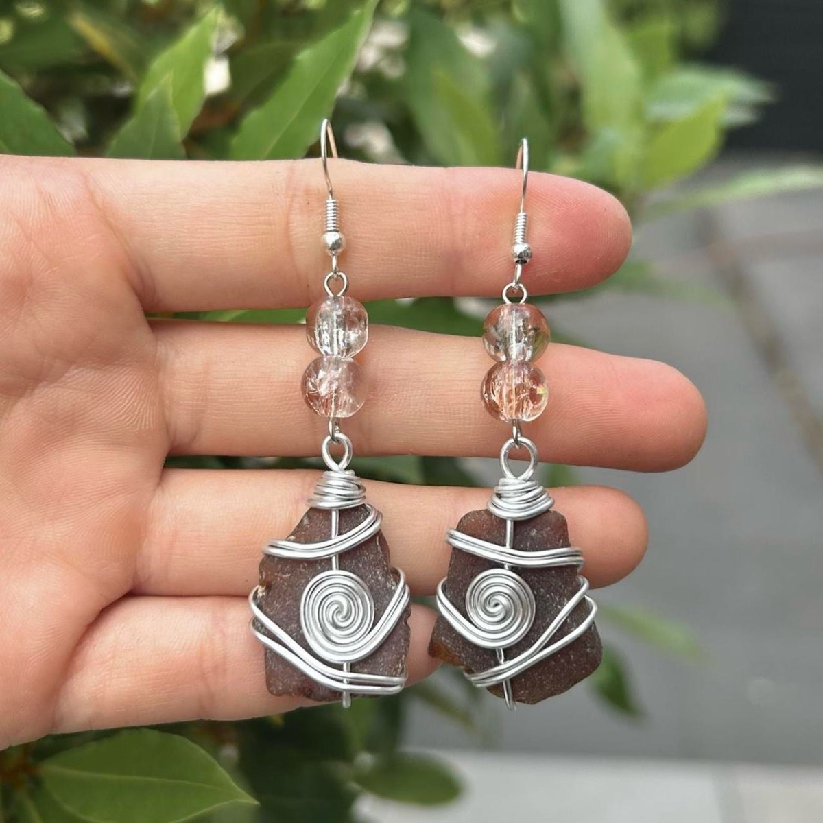 Handmade Brown Long Sea Glass Earrings 2