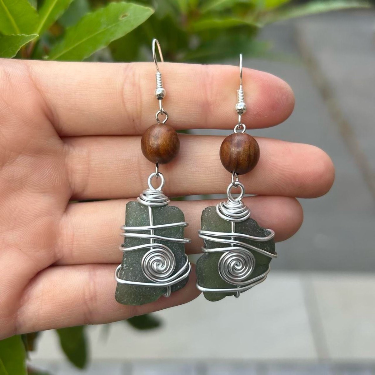 Handmade Green Sea Glass Earrings with Wooden Beads