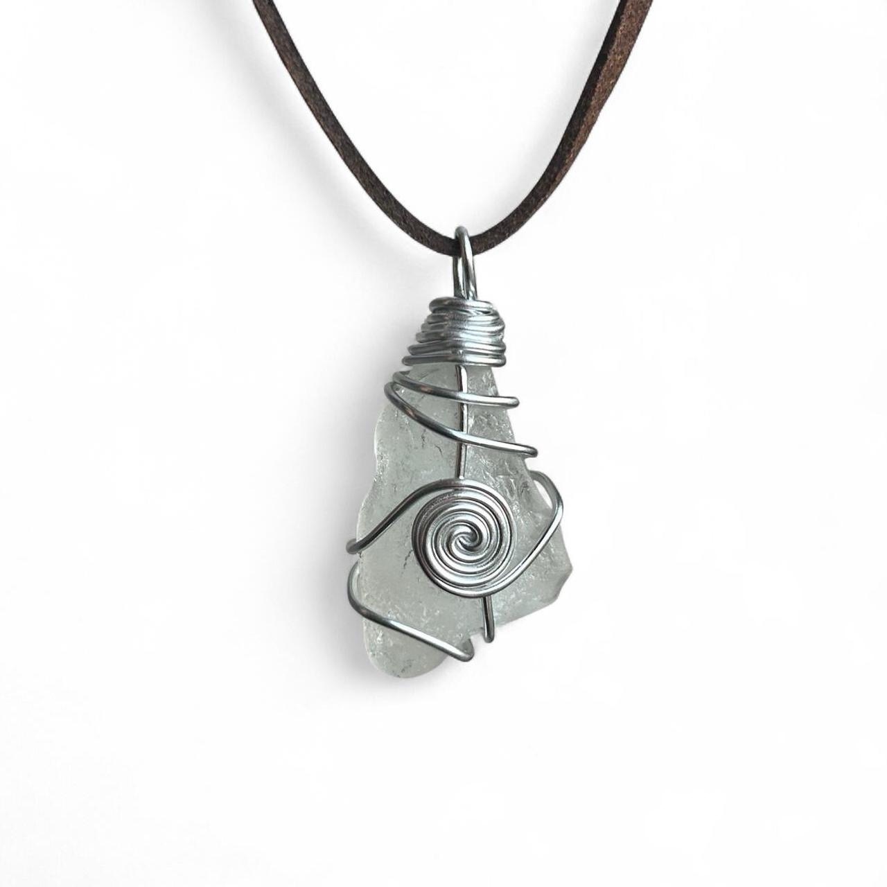 Handmade White Wire Wrapped Sea Glass Necklace