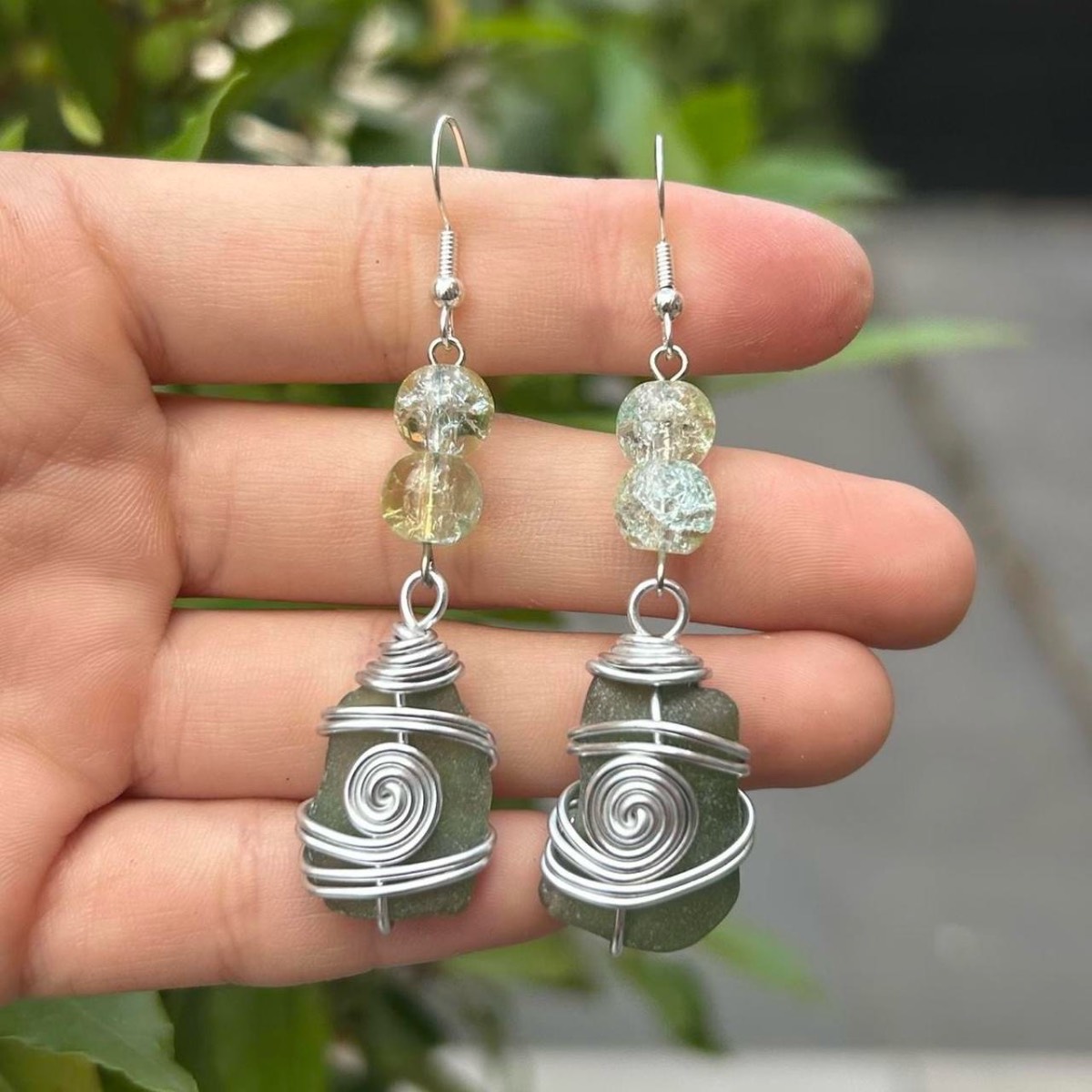 Handmade Long Green Sea Glass Earrings with Crackle Beads