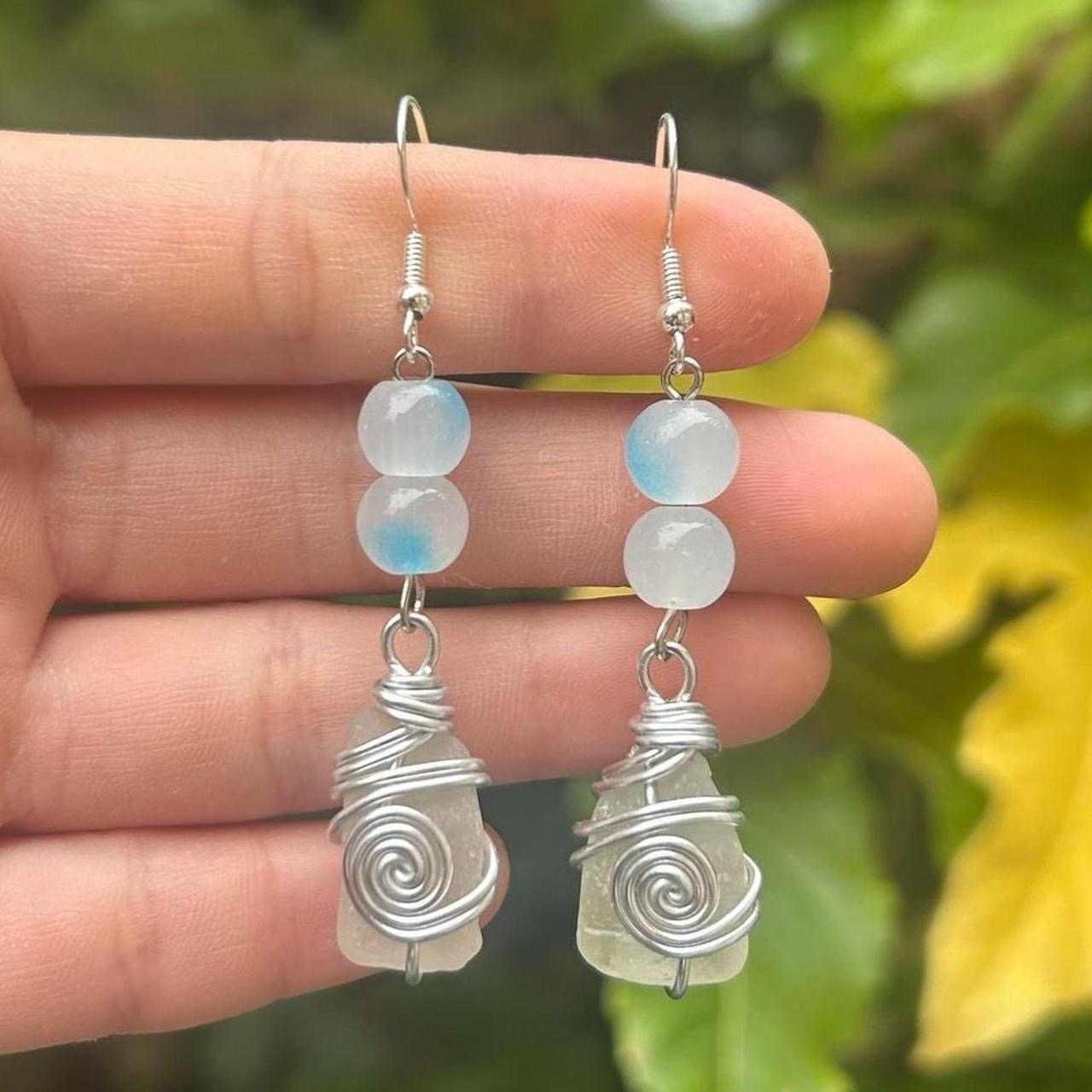 Long Handmade White Sea Glass Earrings
