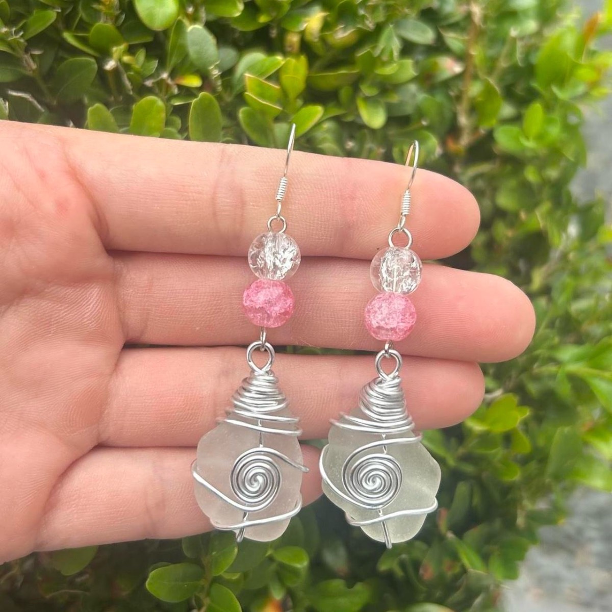 Handmade Long White Sea Glass Earrings