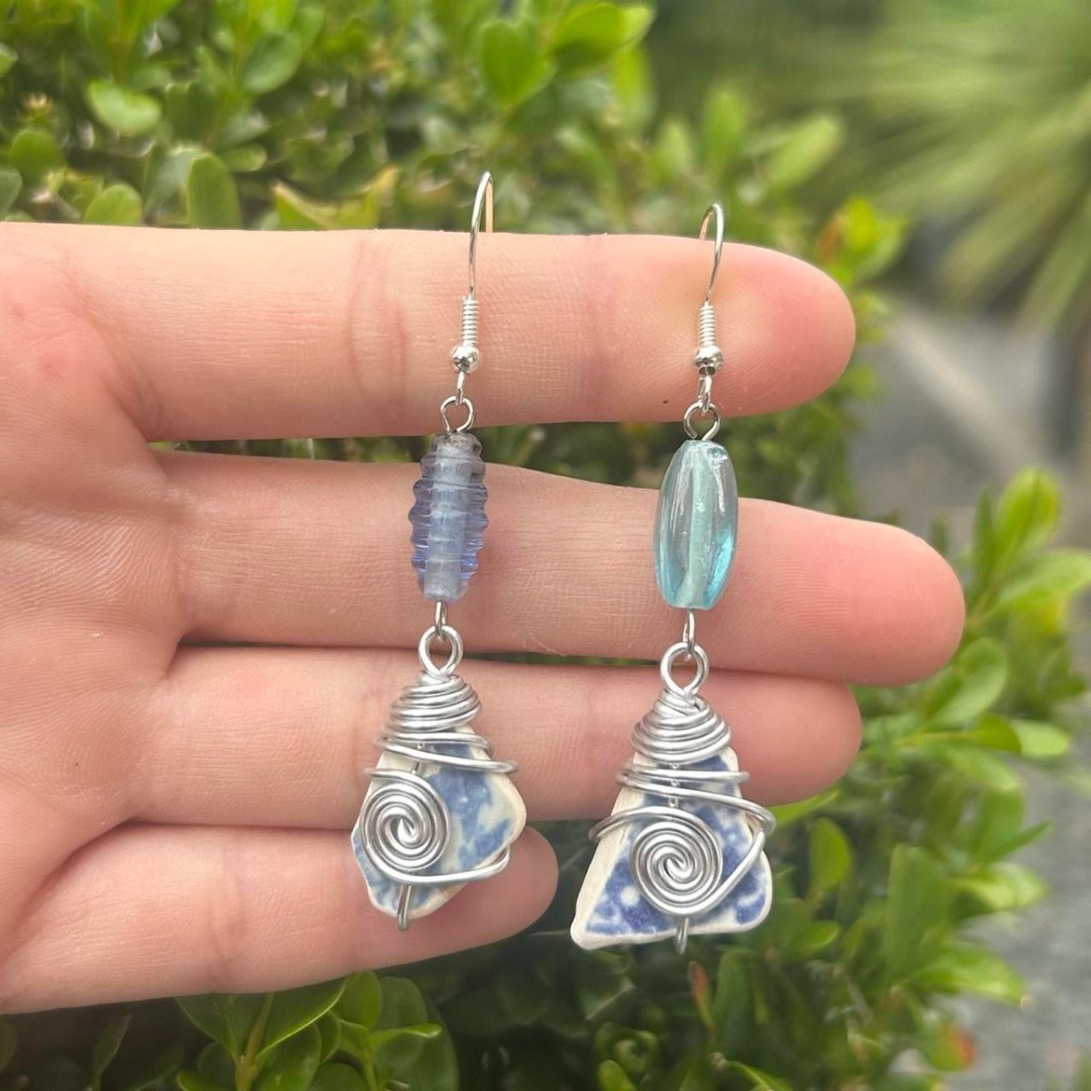 Handmade Sea Pottery and Vintage Glass Bead Earrings