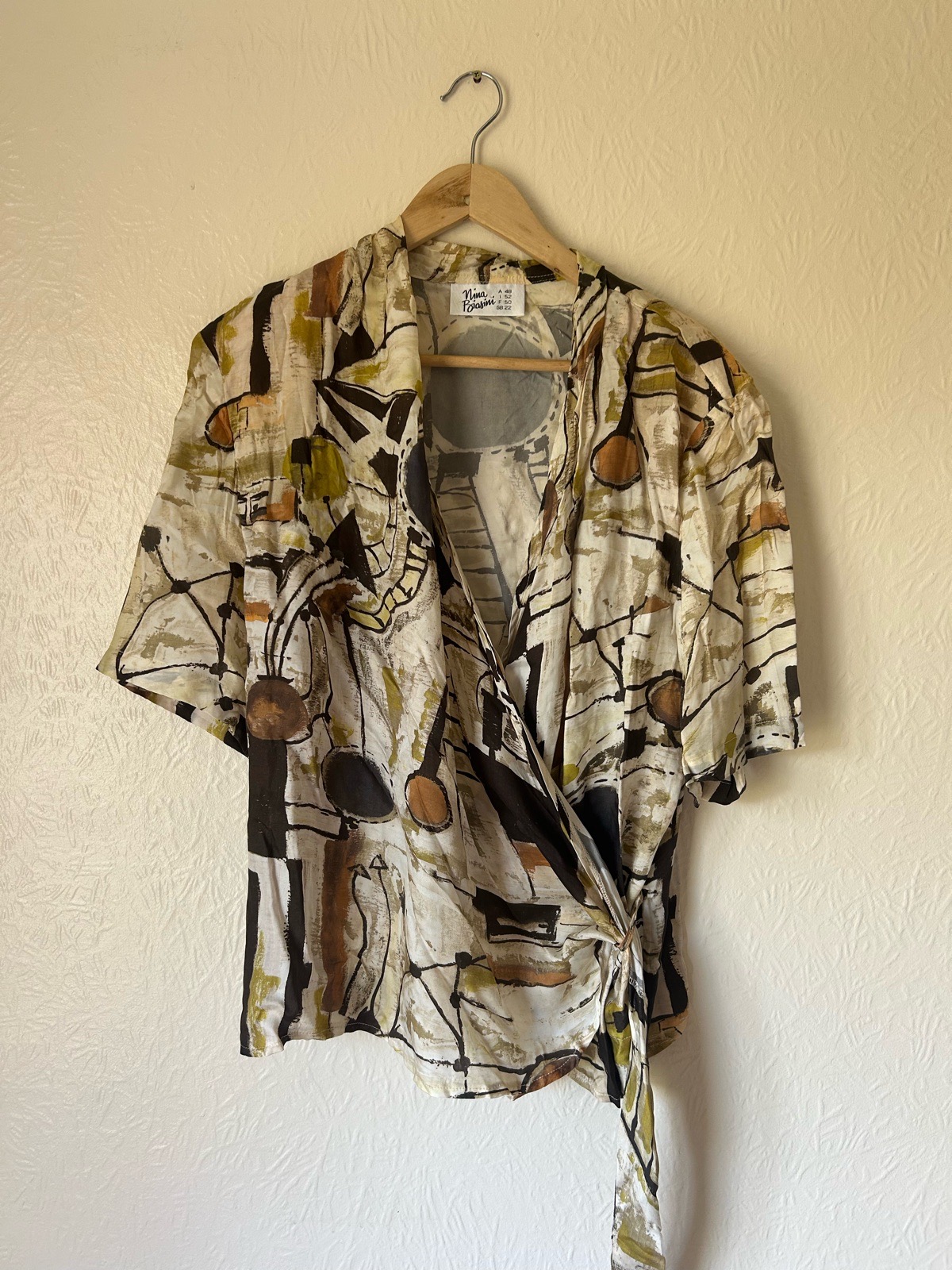 Nina Ricci Vintage Abstract Print Wrap Blouse Size 22 80s 90s Retro Cottagecore