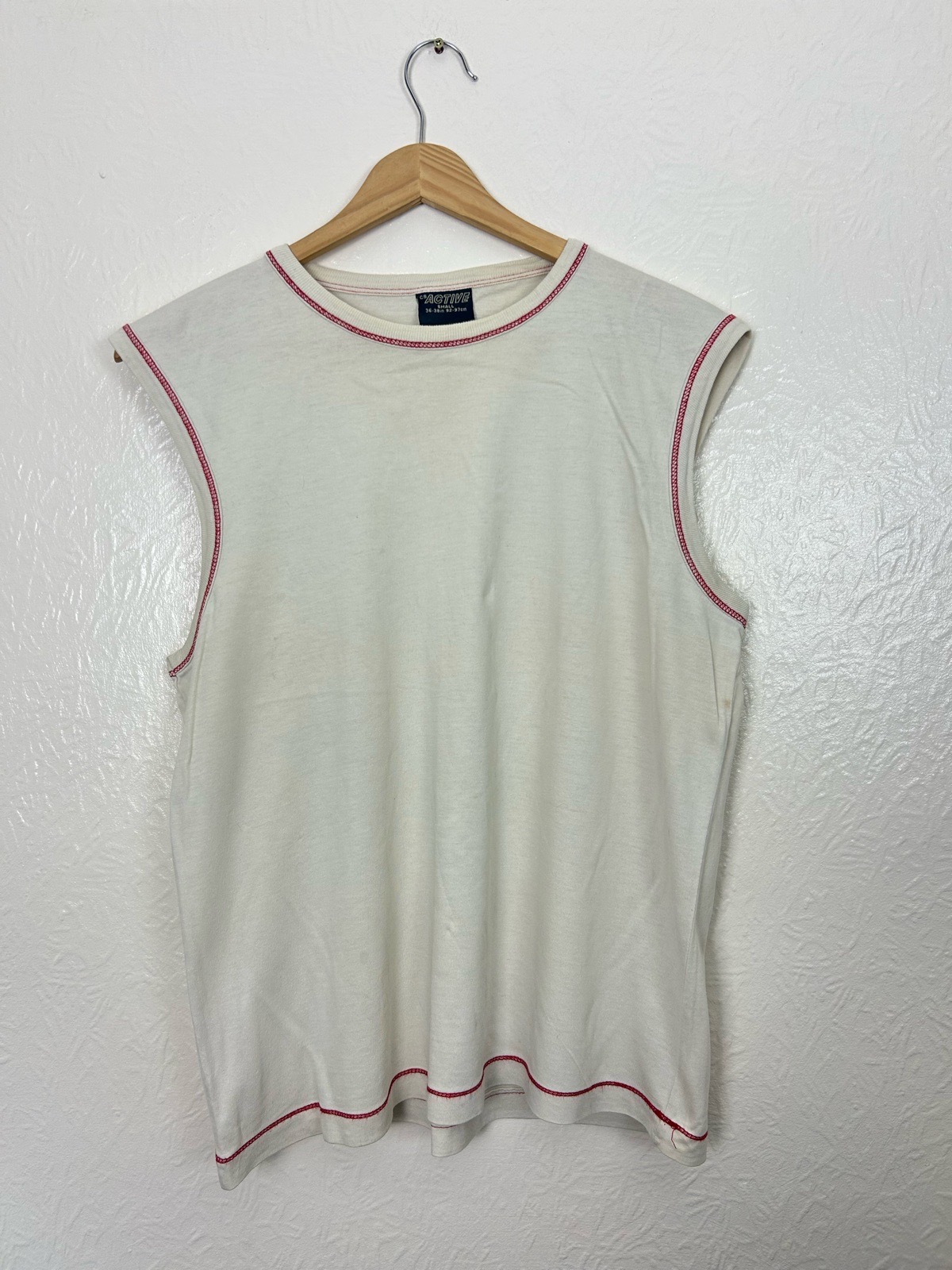 Vintage Active Cream Vest Top Red Contrast Stitching 90s Retro Cotton Size S