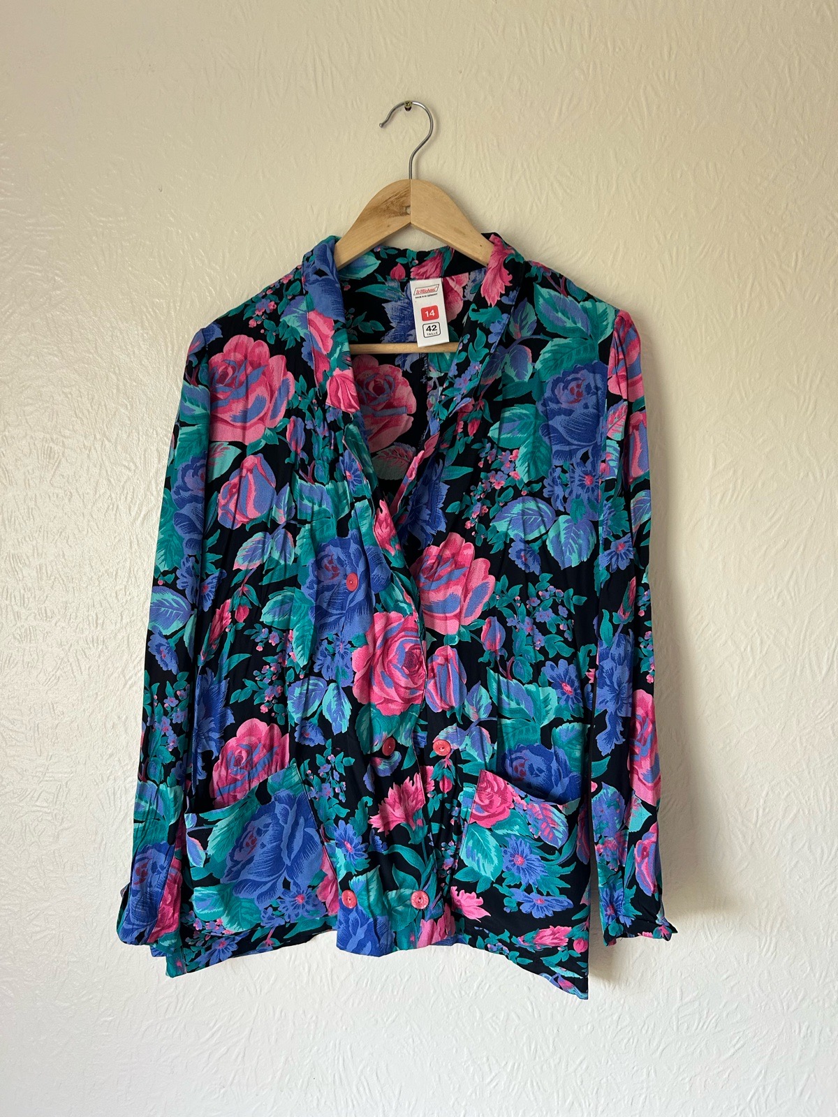 St Michael Vintage Floral Blazer Jacket Black Pink Blue Green Size 14 80s 90s Cottagecore
