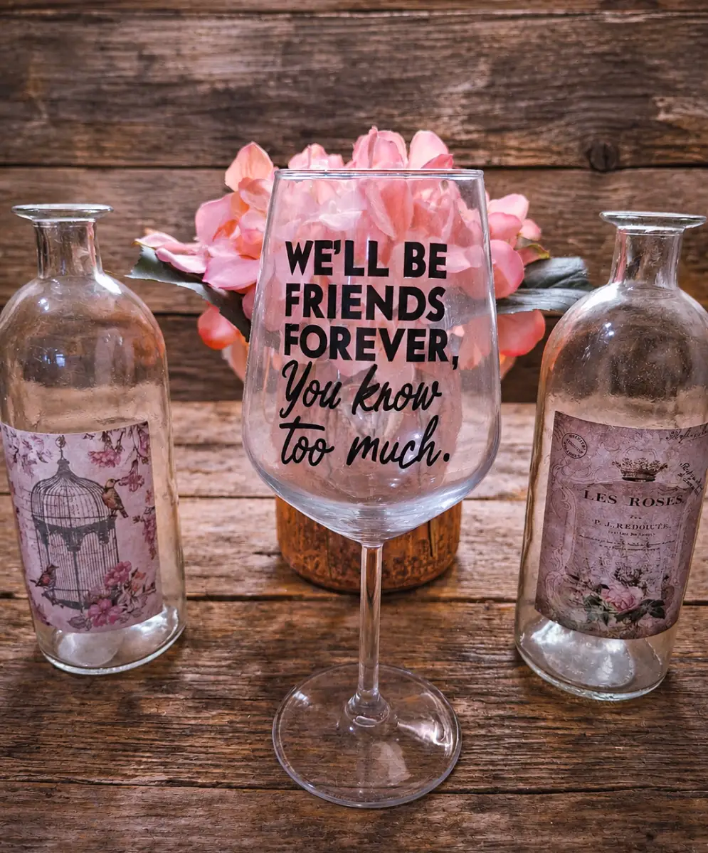 "We'll be friends forever, you know too much" wine glass