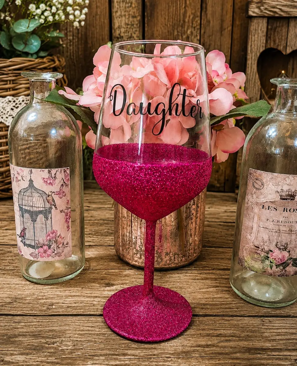 Pink Glitter 'Daughter' Wine Glass